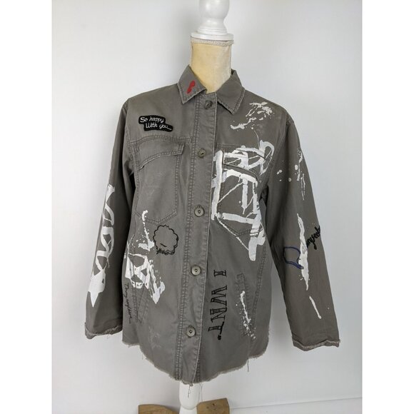 Zara Basic Outerwear Button Down Painted Patches Graffiti Jacket Size Small - Picture 1 of 10